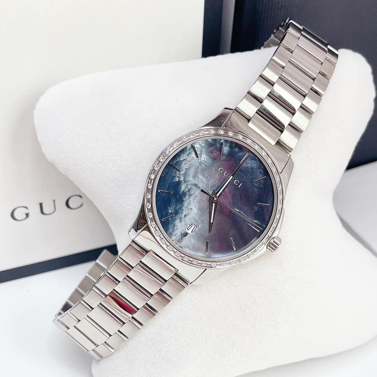 (ĐỒNG HỒ NỮ) Gucci G-Timeless Black Mother of Pearl Diamond Silver Tone Unisex Watch YA126458 38mm