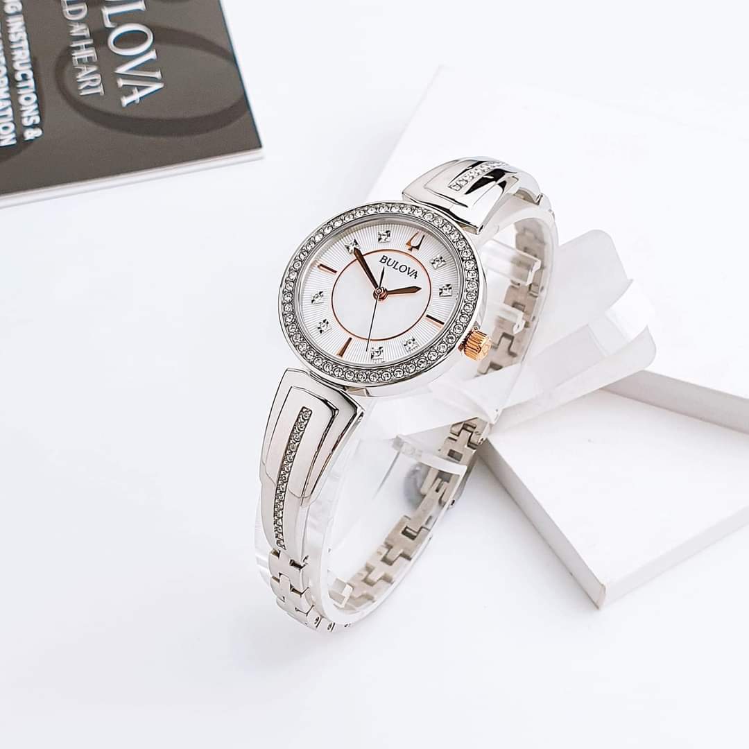 (ĐỒNG HỒ NỮ) Bulova 98X121 Silver Tone White Mother of Pearl Dial Crystal Womens Watch