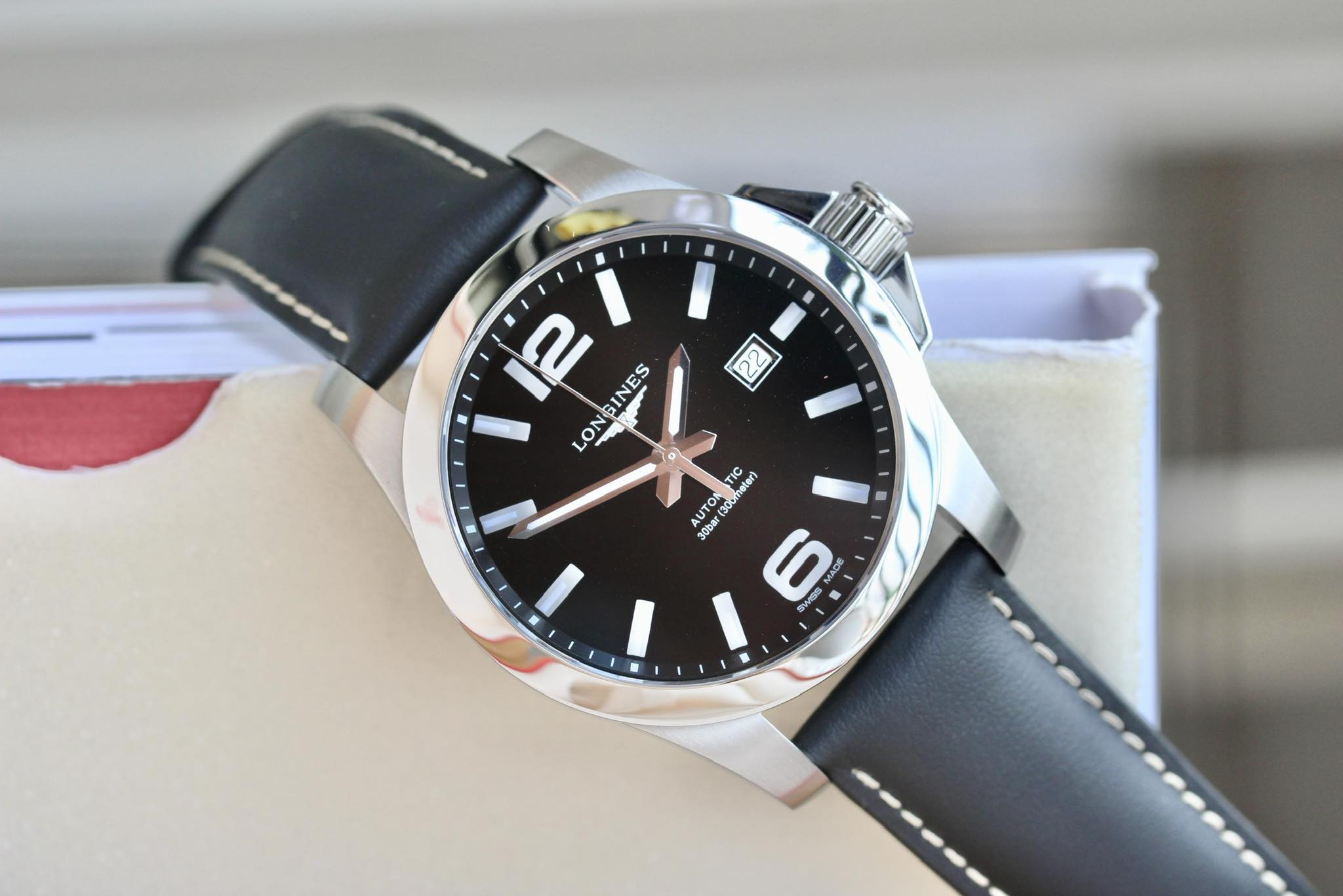Ảnh 3 của (ĐỒNG HỒ NAM) (New)  LONGINES Conquest Automatic 43mm Black Dial Black Leather Strap Men's Watch L3.778.4.58.3 (L37784583)