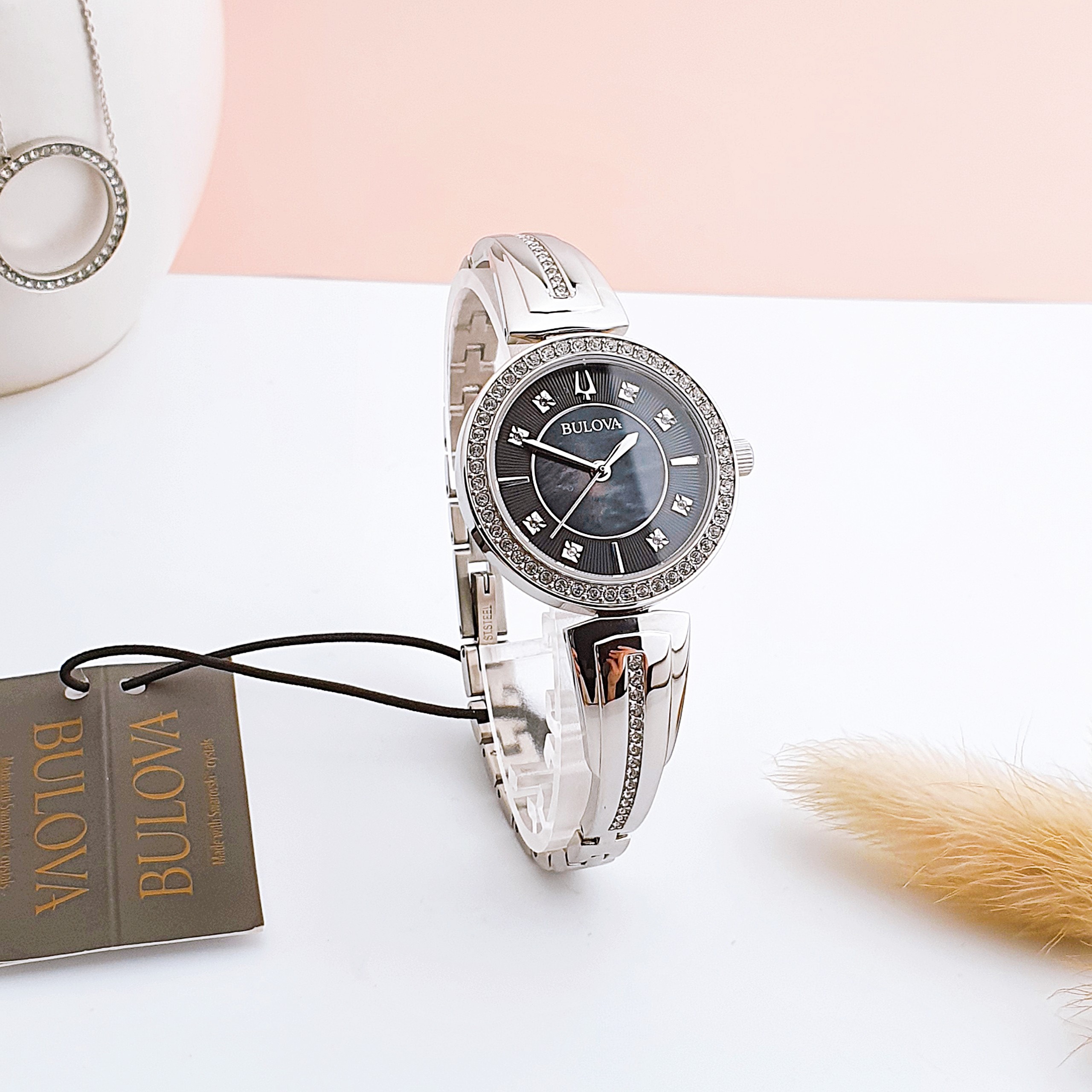 Bulova Women's Crystal Accents Black Mother of Pearl Quartz 30mm Watch 96X152