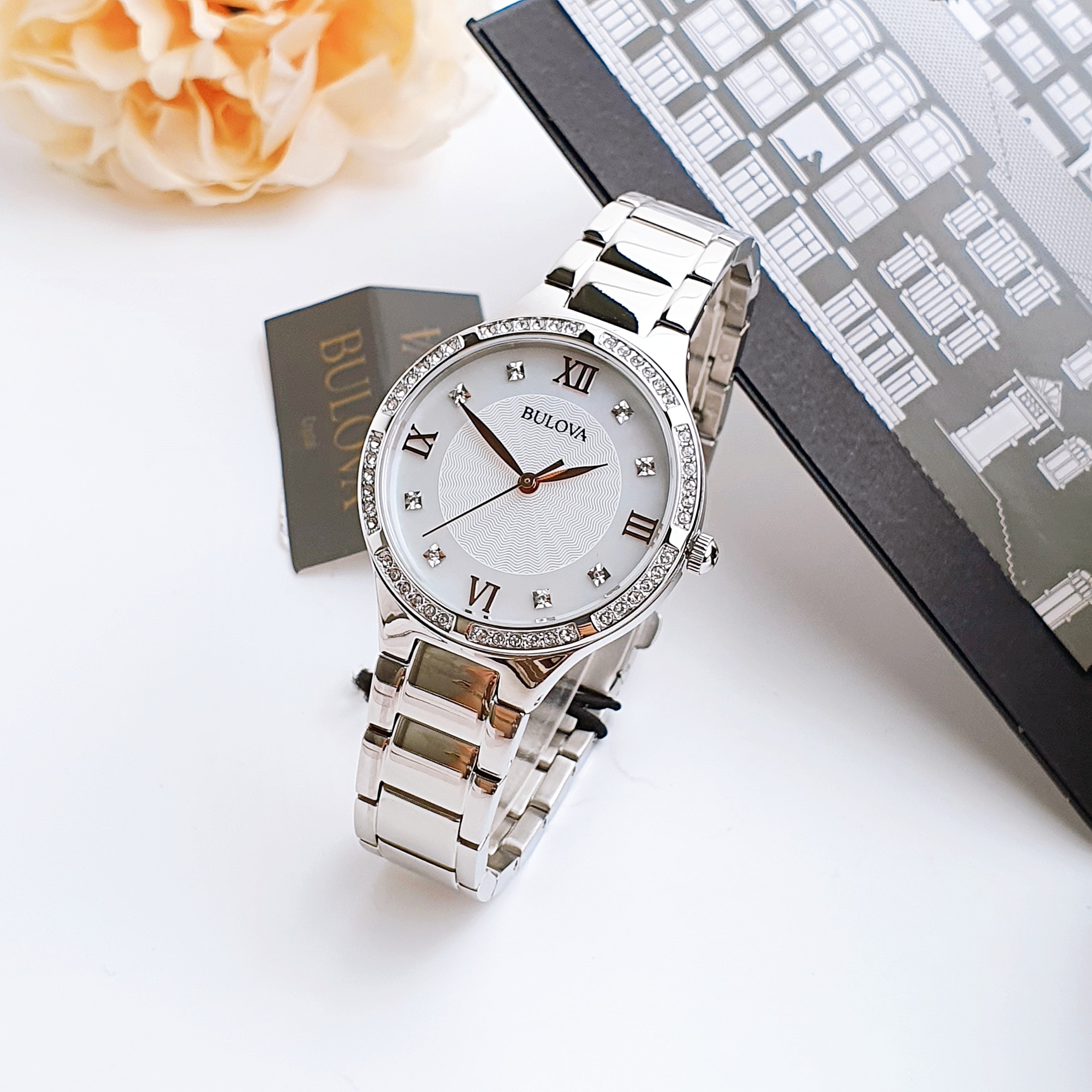 (ĐỒNG HỒ NỮ) Bulova Women Quartz Swarovski Crystal Accent Silver-Tone 34mm Watch 96L264