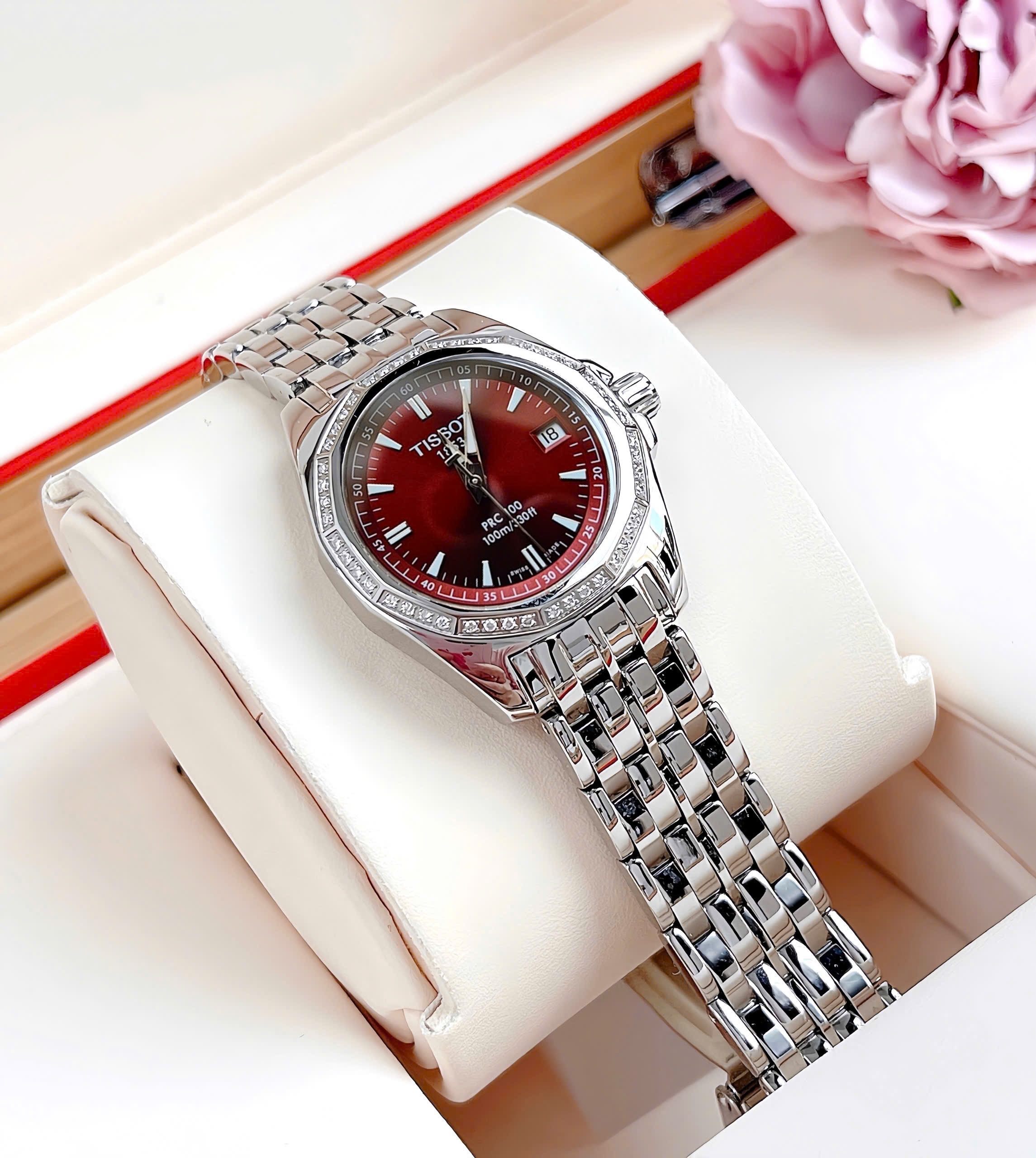 (ĐỒNG HỒ NỮ) Tissot PRC 100 Diamonds Red Dial Ladies Watch T22.1.181.81 ( T22118181 )