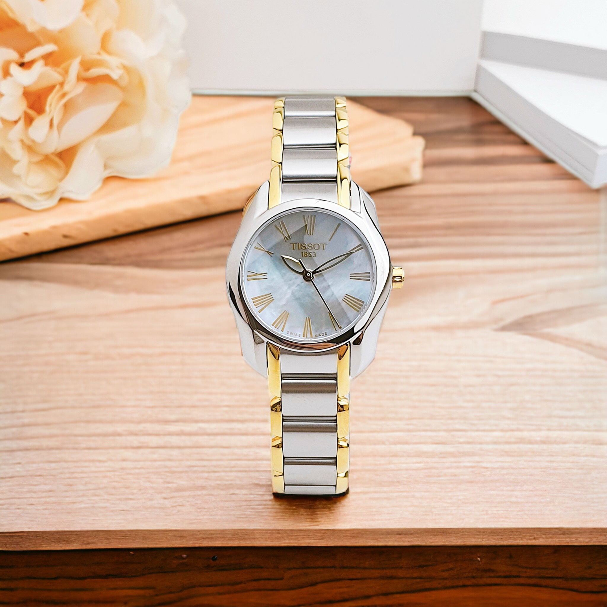 (ĐỒNG HỒ NỮ) TISSOT T023.210.22.113.00  (T0232102211300) T-Wave Quartz White Mother of Pearl Dial Two-tone Ladies Watch