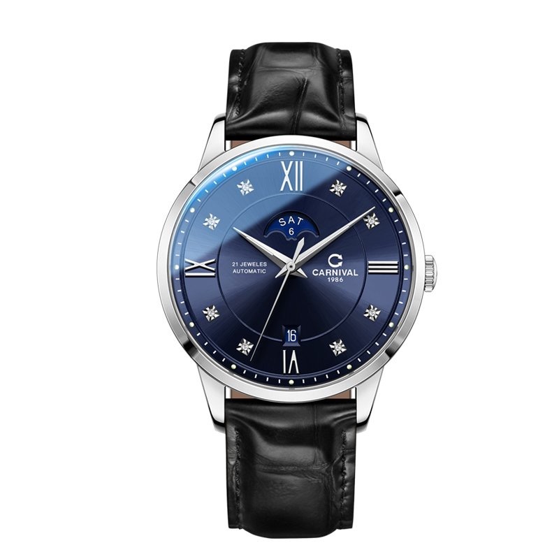 (ĐỒNG HỒ NAM) (New) Carnival Day Date 8097G-VT (mặt xanh, dây da) 41mm