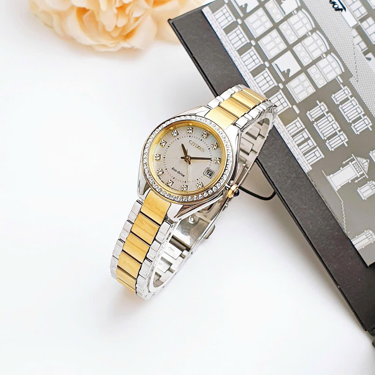 (ĐỒNG HỒ NỮ) Citizen EW2554-54D Eco-Drive World Time Two-Tone Stainless Steel Bracelet White Mother-of-Pearl Dial Analog ( EW255454D )