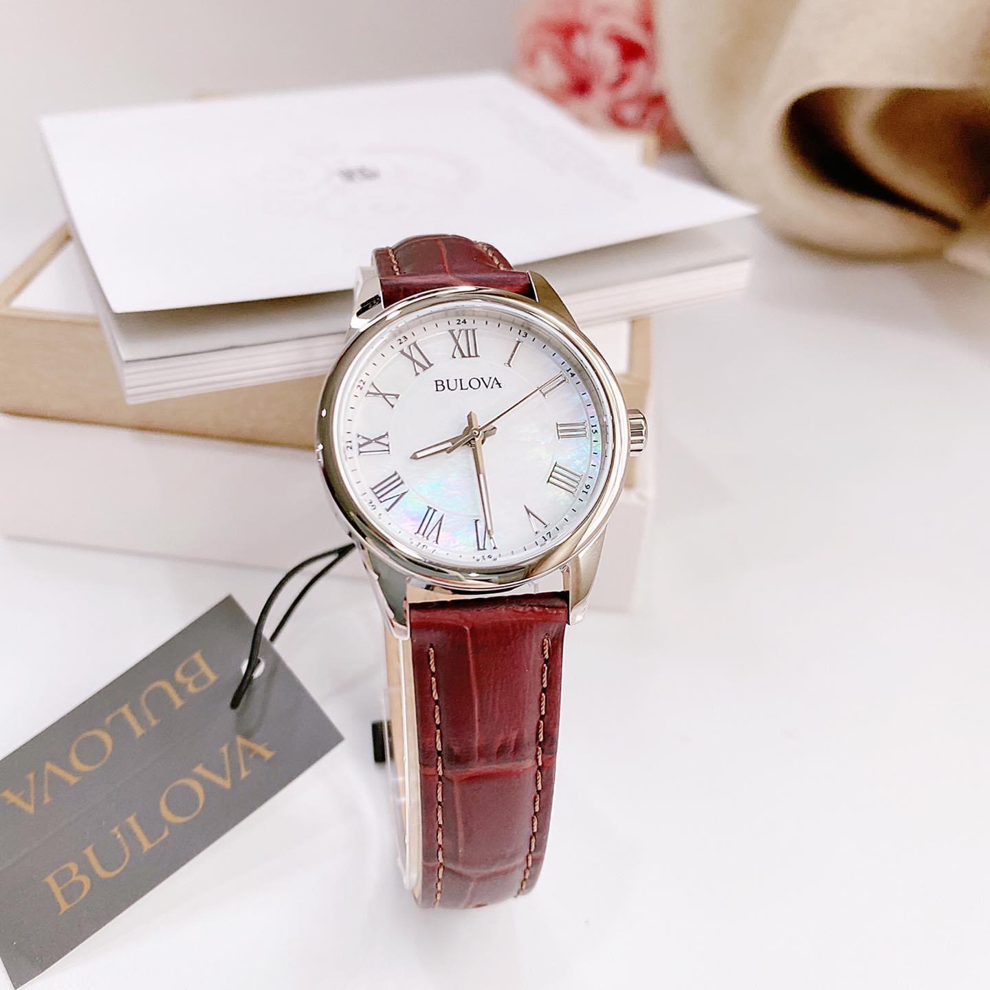 (ĐỒNG HỒ NỮ) Bulova Quartz 96L271 White Dial Roman Numerals Leather Strap Watch 32mm