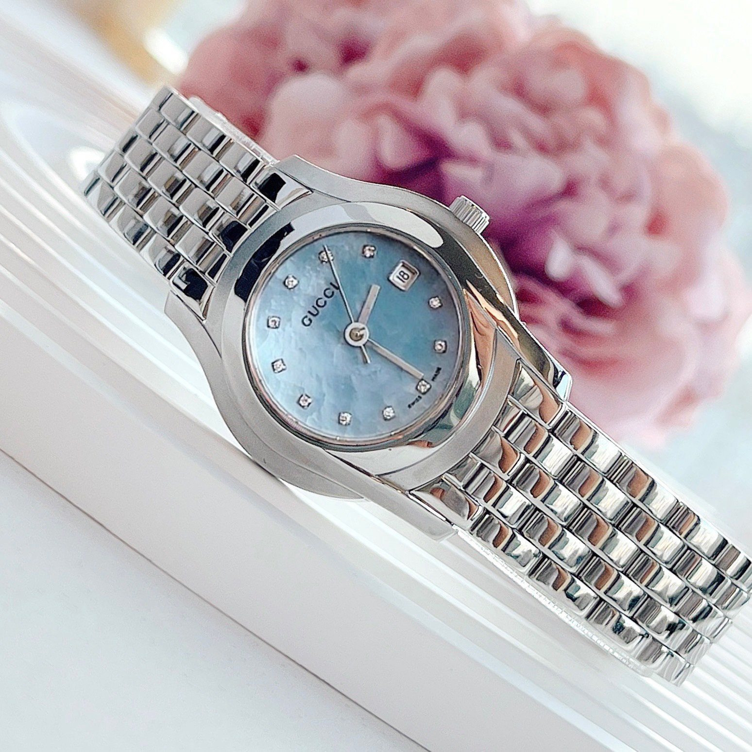 (ĐỒNG HỒ NỮ) Gucci Watch Ladies Quartz G Class 5500L SS Blue Shell Dial Diamond 11P YA055521 Màu Xanh Bạc 27mm
