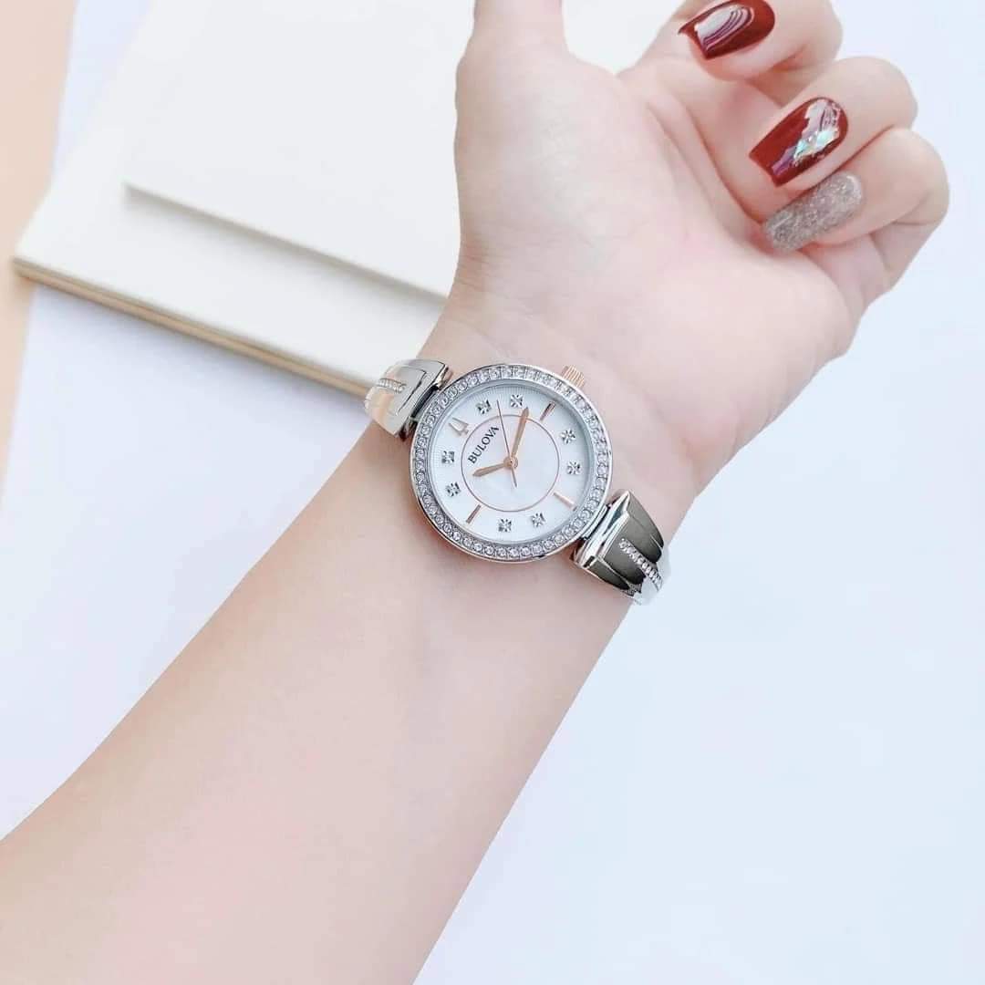 Ảnh 3 của (ĐỒNG HỒ NỮ) Bulova 98X121 Silver Tone White Mother of Pearl Dial Crystal Womens Watch