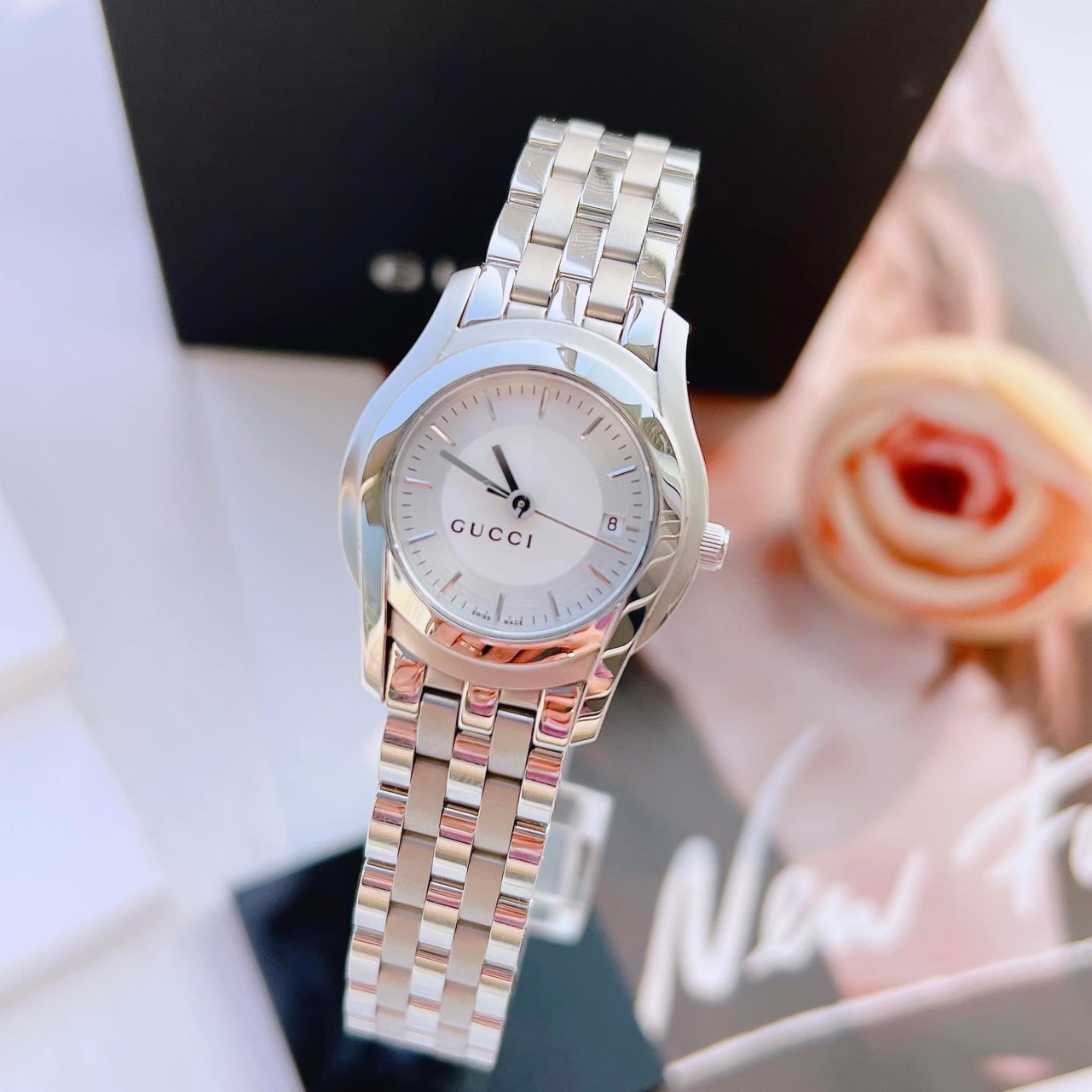 (ĐỒNG HỒ NỮ) GUCCI 5500L Quartz Analog YA055519 Stainless Steel Unisex Watch 27mm