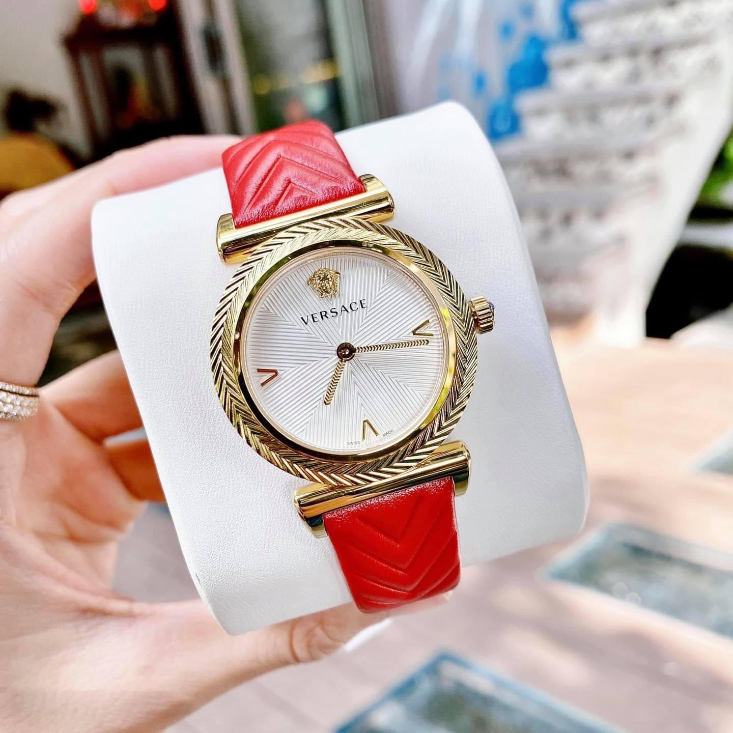 (ĐỒNG HỒ NỮ) Versace V-Motif Vintage Logo White Dial Burgundy Leather VERE01820 35mm
