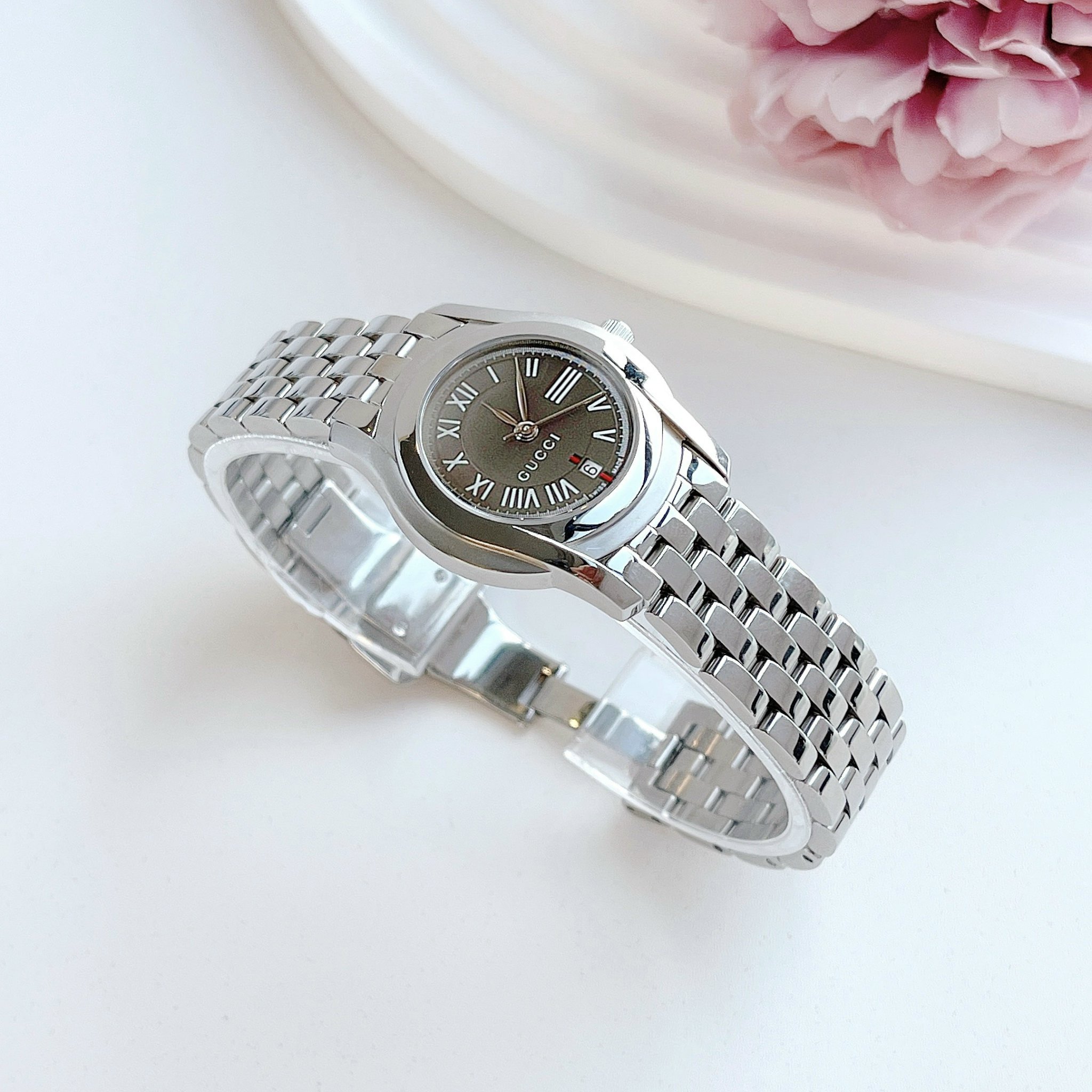 Ảnh 2 của (ĐỒNG HỒ NỮ) Gucci 5505 Womens Grey 'G' Dial Steel watch YA055508 26mm