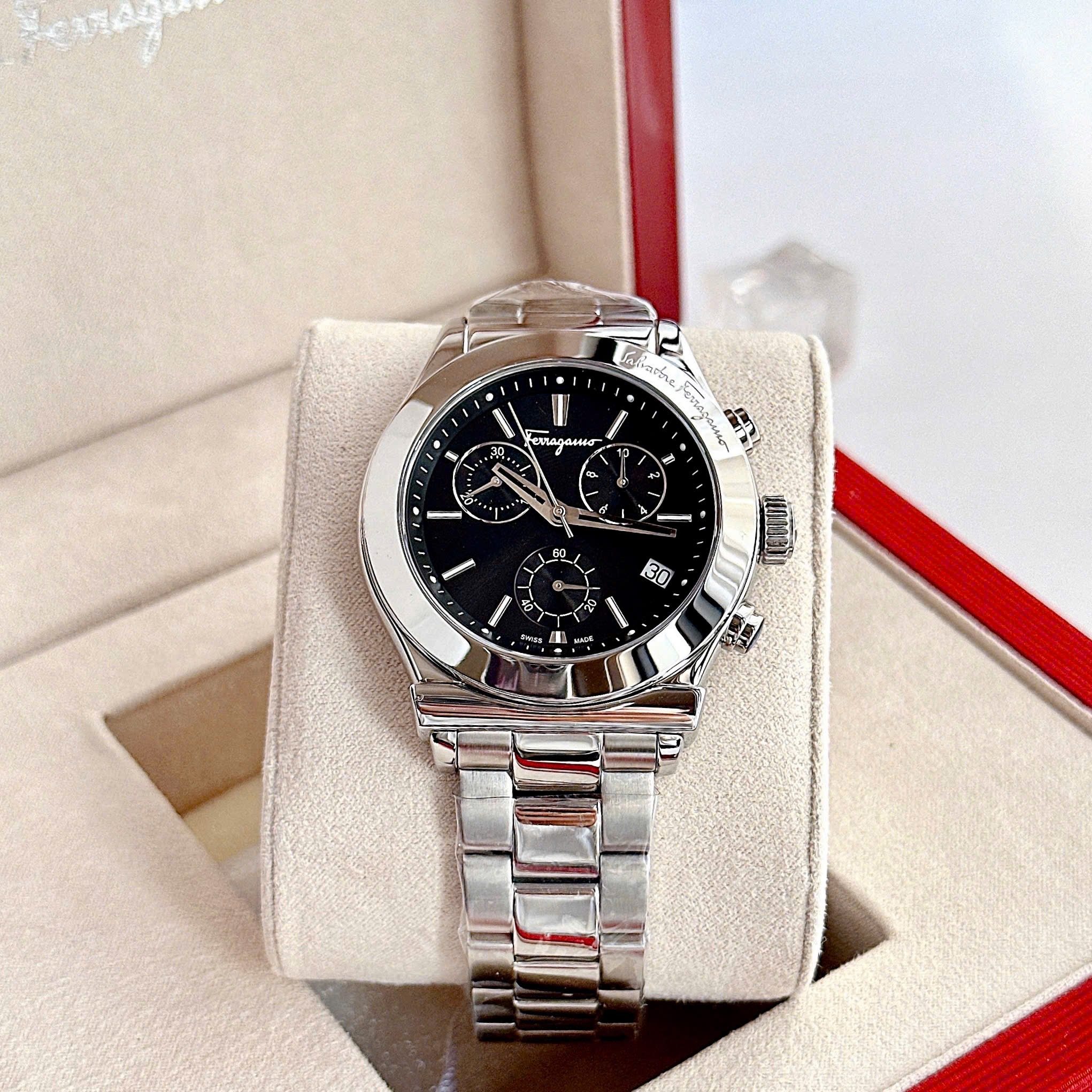 ( ĐỒNG HỒ NAM ) Salvatore Ferragamo 1898 Sport Chronograph Quartz Black Dial Silver FH6010016 42mm