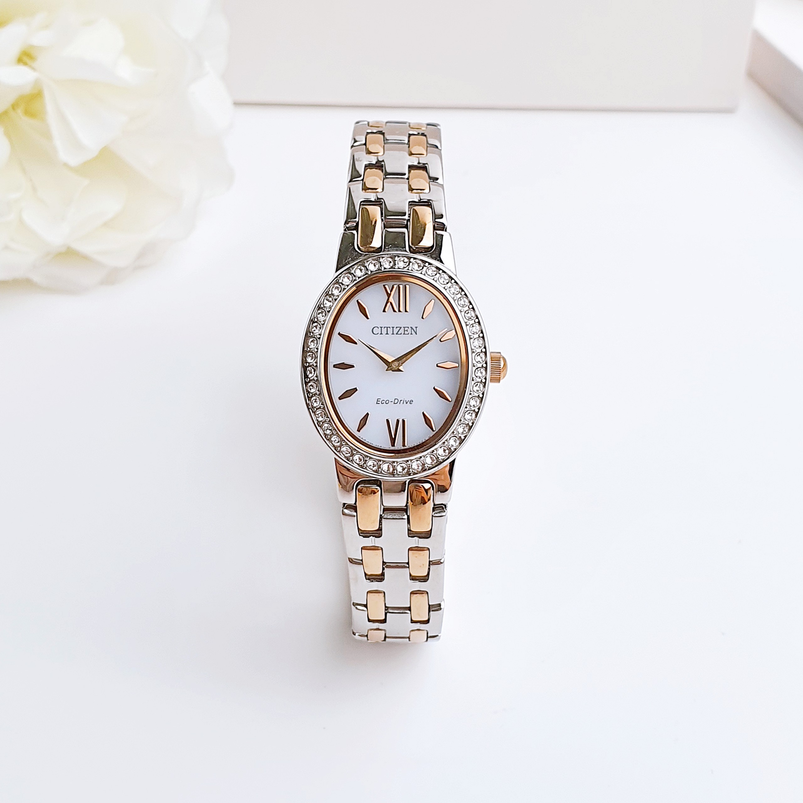 (ĐỒNG HỒ NỮ) Citizen EX1396-52A ( ( EX139652A ) Two Tone Eco-Drive Stone Set Bracelet Watch 25mm