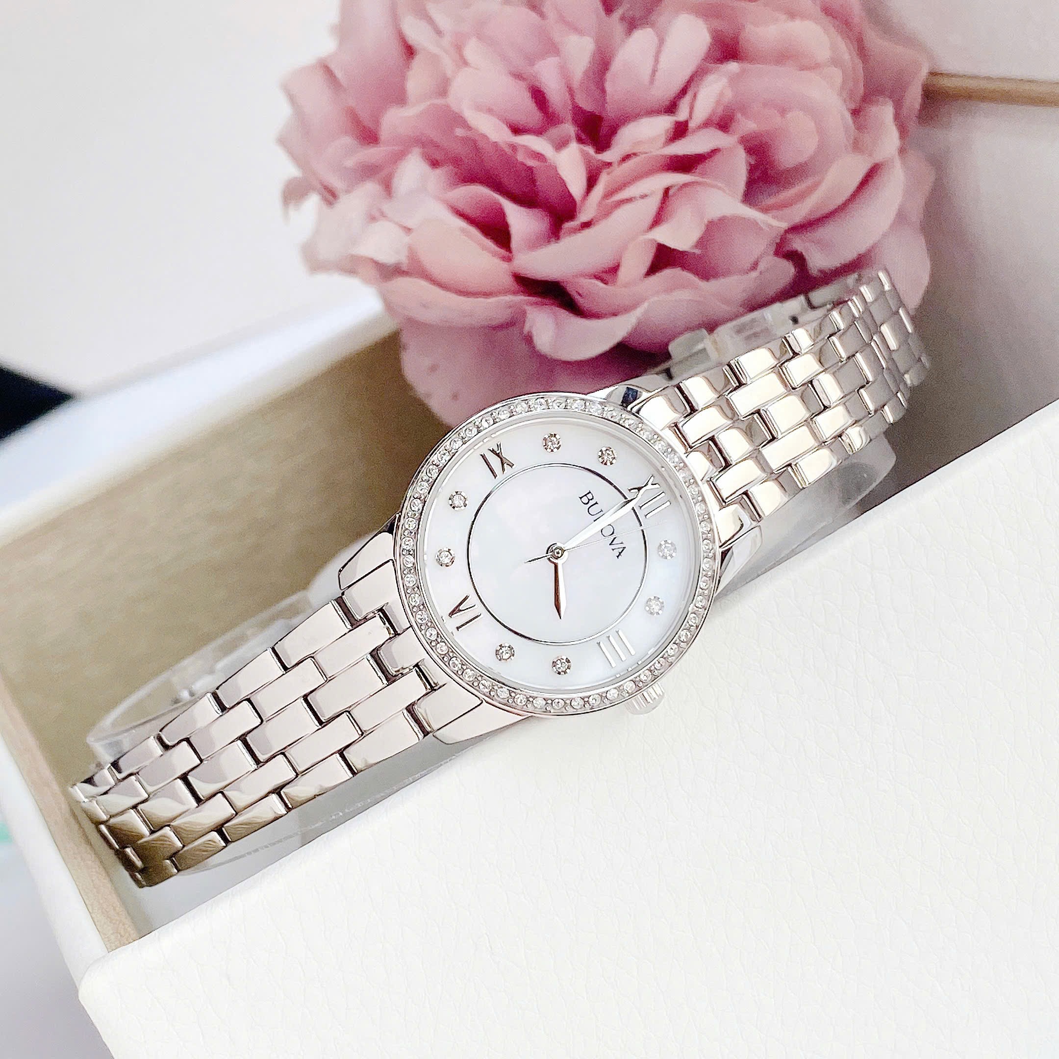 Ảnh 6 của ( ĐỒNG HỒ NỮ) Bulova Quartz 96X155 White Dial Stainless Steel Bracelet Crystal Watch